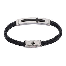 Bracciale uomo in pelle intrecciata con croce 20 cm