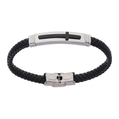 Bracciale uomo in pelle intrecciata con croce 20 cm 1