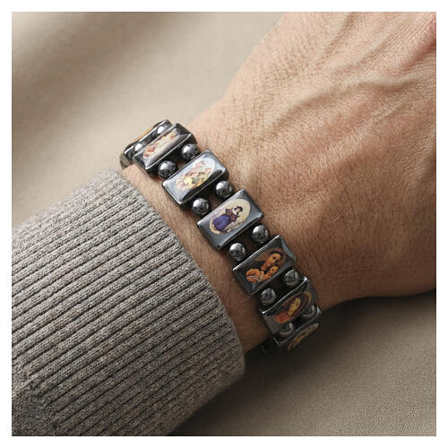 Multi-image hematite bracelet with sacred images and grey beads 2