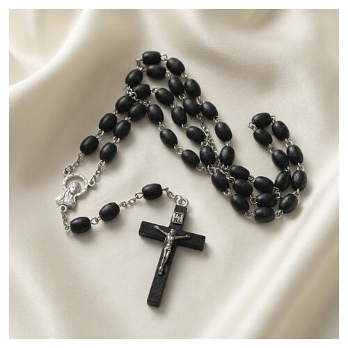 Rosary black wood 6 mm beads with Virgin Mary and Sacred Heart medals 2