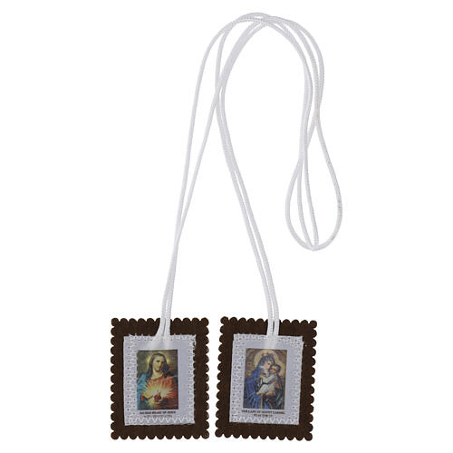 Escapulario marrón Virgen del Monte Carmelo y Sagrado Corazón 6x5 cm 2