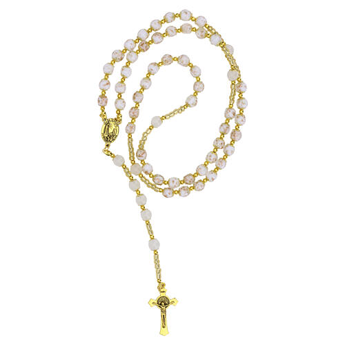 White Murano Glass Rosary with 8mm Beads, Gold Finish 2