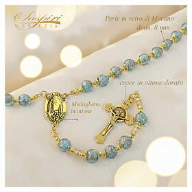 Rosario con perle 8mm celesti in vetro di Murano finitura oro