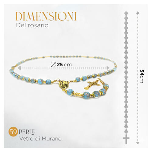 Rosario con perle 8mm celesti in vetro di Murano finitura oro 3