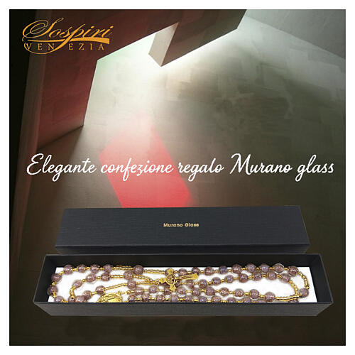 Terço lilás de vidro de Murano 8 mm com acabamento dourado 8