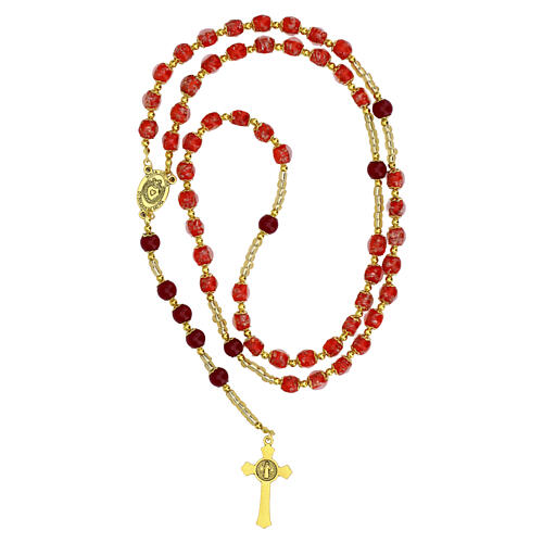 Różaniec ze szkła Murano, czerwony, koraliki 8 mm, wykończenie złote 3