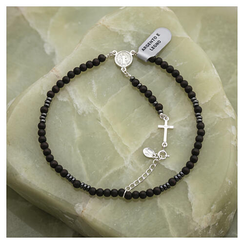 Rosary bracelet with Saint Benedict medal, 925 silver and 0.16-inch wooden beads 2