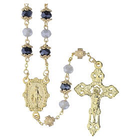 Rosario Madonna Miracolosa in cristallo grigio e nero 8 mm color oro