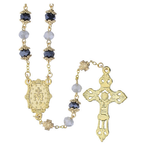 Rosario Madonna Miracolosa in cristallo grigio e nero 8 mm color oro 2