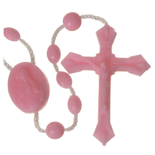 Tragbarer Rosenkranz, rosafarbene Kunststoffperlen auf Nylonkordel, mit Verschluss 3
