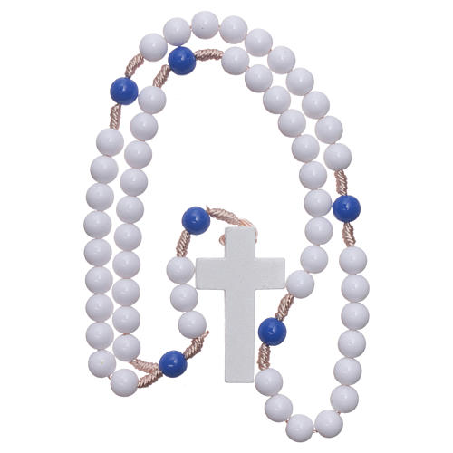 Rosary in blue plastic with white grains and blue pater 7,5 mm silk setting 4
