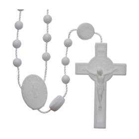 Rosenkranz, weiße Kunststoffperlen auf Nylonkordel, Heiliger Benedikt, 6 mm