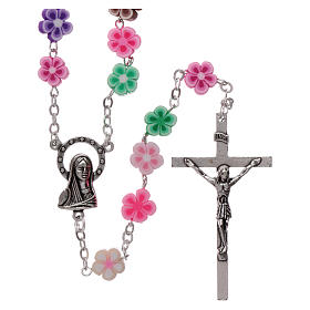 Rosary in plastic with 5x5 mm flower-shaped grains, multicolour
