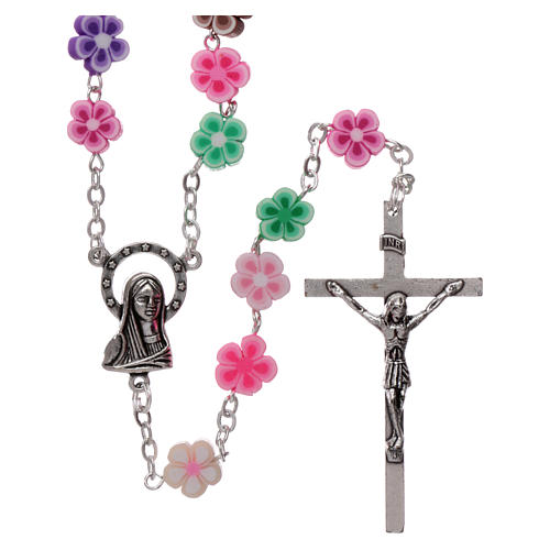 Rosary in plastic with 5x5 mm flower-shaped grains, multicolour 1