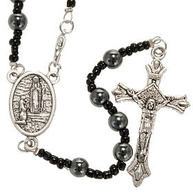 Hematite rosary beads with Our Lady of Lourdes centerpiece