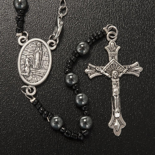 Hematite rosary beads with Our Lady of Lourdes centerpiece 2