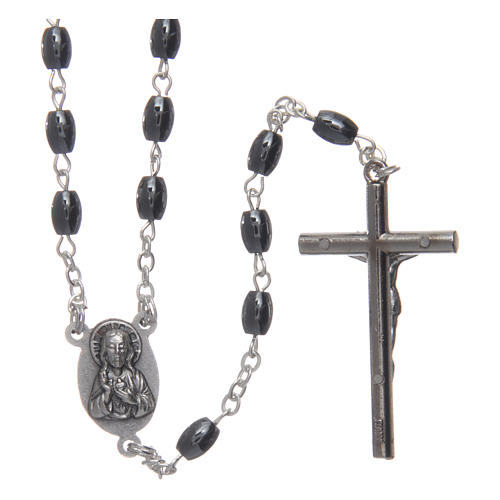 Rosary in hematite stone with silver cross and oval grains 2