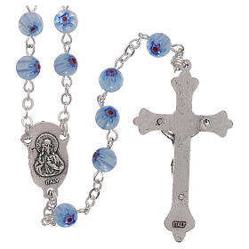 Rosary in glass murrine style with flowers and striping on light blue grains 6 mm