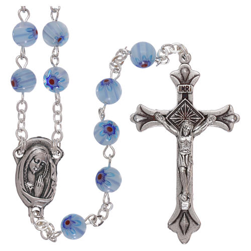 Rosary in glass murrine style with flowers and striping on light blue grains 6 mm 1