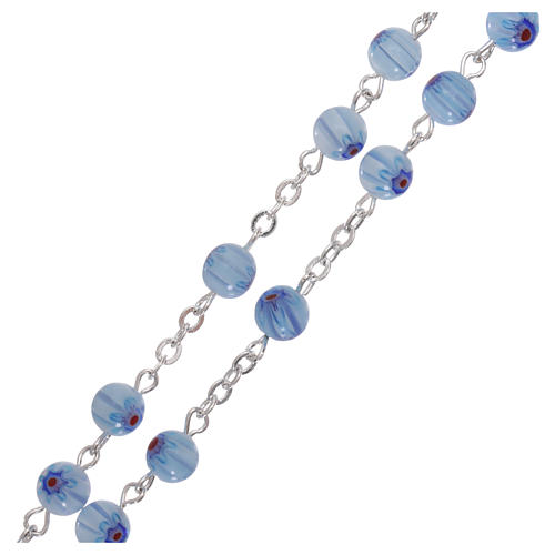 Rosary in glass murrine style with flowers and striping on light blue grains 6 mm 3