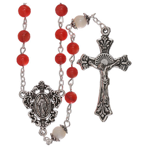 Rosary red cultured freshwater pearls Our Lady 4 mm 1