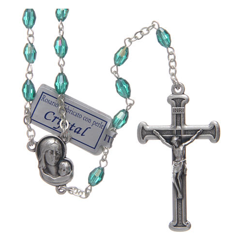 Rosary in emerald crystal with cross and center piece in oxidised metal 1
