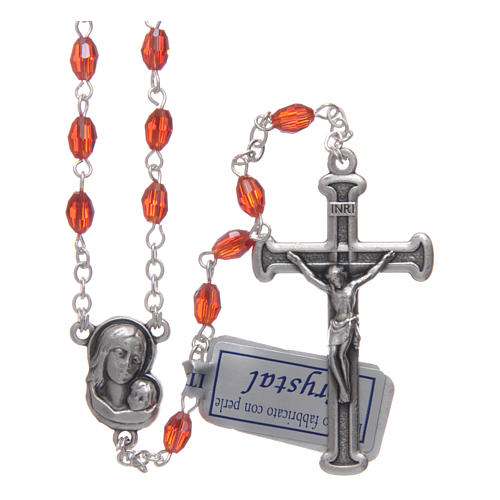 Rosary in ruby crystal with cross and center piece in oxidised metal 1