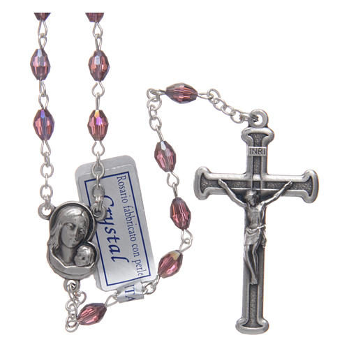Rosary in amethyst crystal with cross and center piece in oxidised metal 1