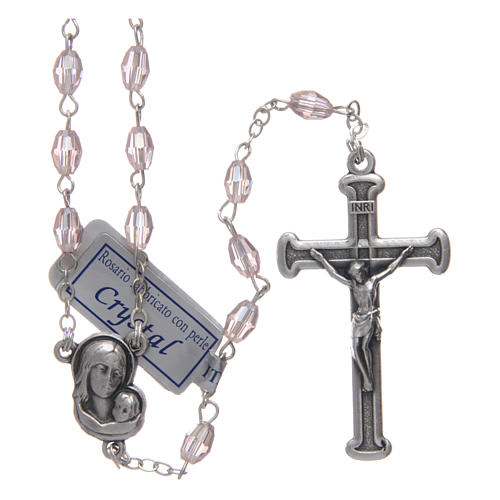 Rosary in pink crystal with cross and center piece in oxidised metal 1