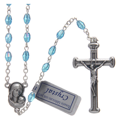 Chapelet bleu en cristal avec croix et médaille en métal oxydé 1
