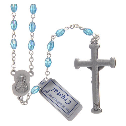 Chapelet bleu en cristal avec croix et médaille en métal oxydé 2