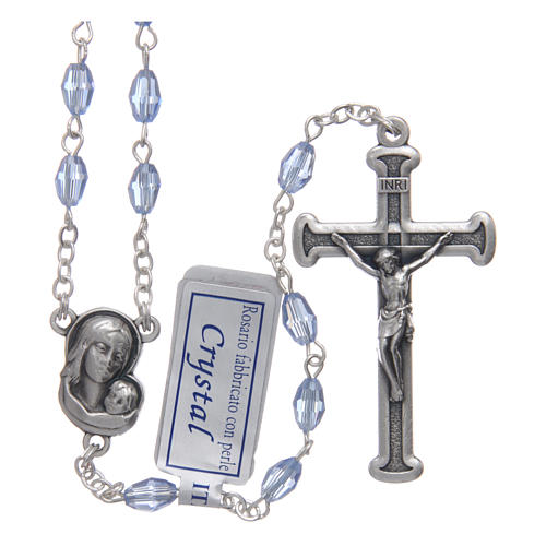 Rosary in sapphire crystal with cross and center piece in oxidised metal 1