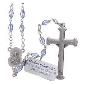 Różaniec szafirowy kryształ podłużny krzyż i łącznik metal oksydowany