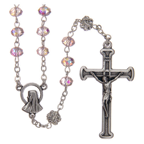 Rosary in metal with crystal grains, pink 1