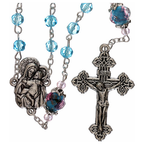 Rosario perlas decoradas Virgen con niño cristal azul 3 mm 1