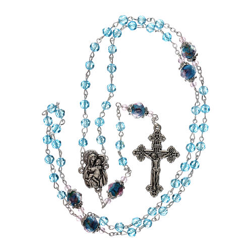 Rosario perlas decoradas Virgen con niño cristal azul 3 mm 4