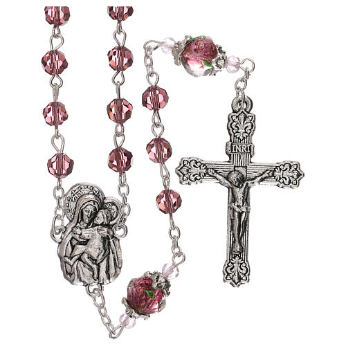 Crystal rosary with brown decorated beads and Virgin with Child medal 1