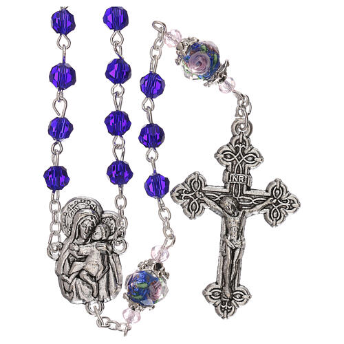 Crystal rosary with bleu decorated beads and Virgin with Child medal 1
