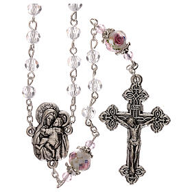 Transparent crystal rosary 3 mm, Virgin with Child medal and decorated Pater