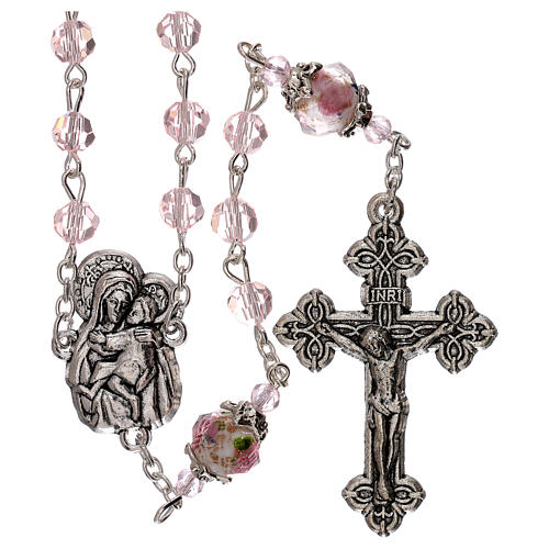 Rosenkranz mit transparenten Kristallperlen mit Rosen und Maria mit dem Jesuskind, 3 mm. 1