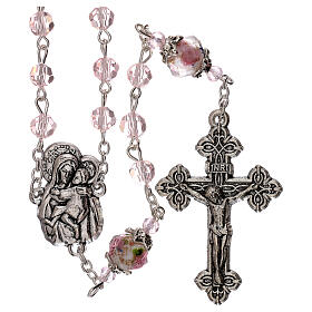Pink crystal rosary 3 mm, Virgin with Child medal and decorated Pater