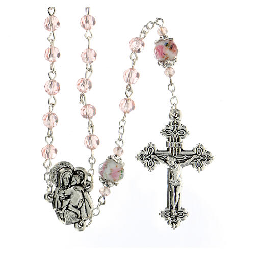 Pink crystal rosary 3 mm, Virgin with Child medal and decorated Pater 1