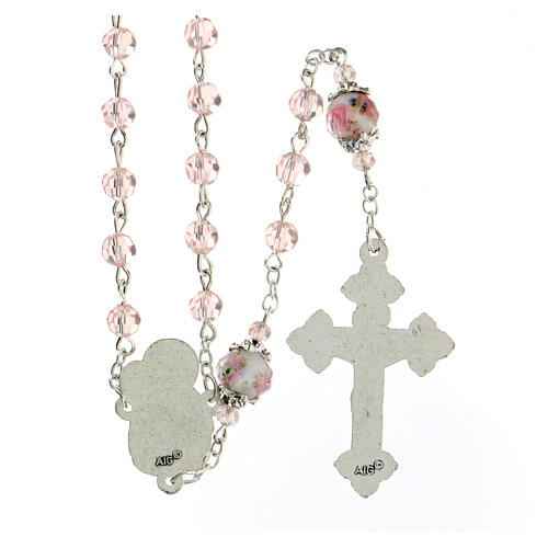 Pink crystal rosary 3 mm, Virgin with Child medal and decorated Pater 2