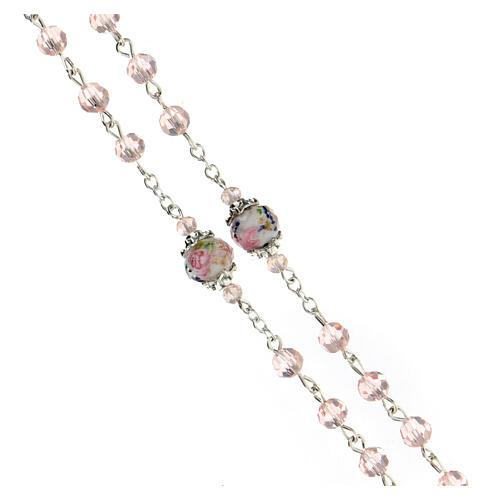 Pink crystal rosary 3 mm, Virgin with Child medal and decorated Pater 3