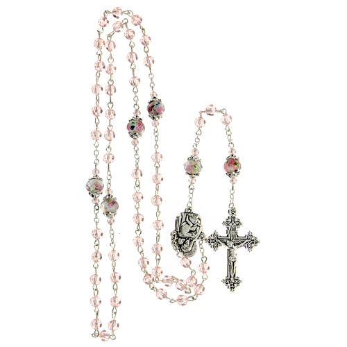 Pink crystal rosary 3 mm, Virgin with Child medal and decorated Pater 4