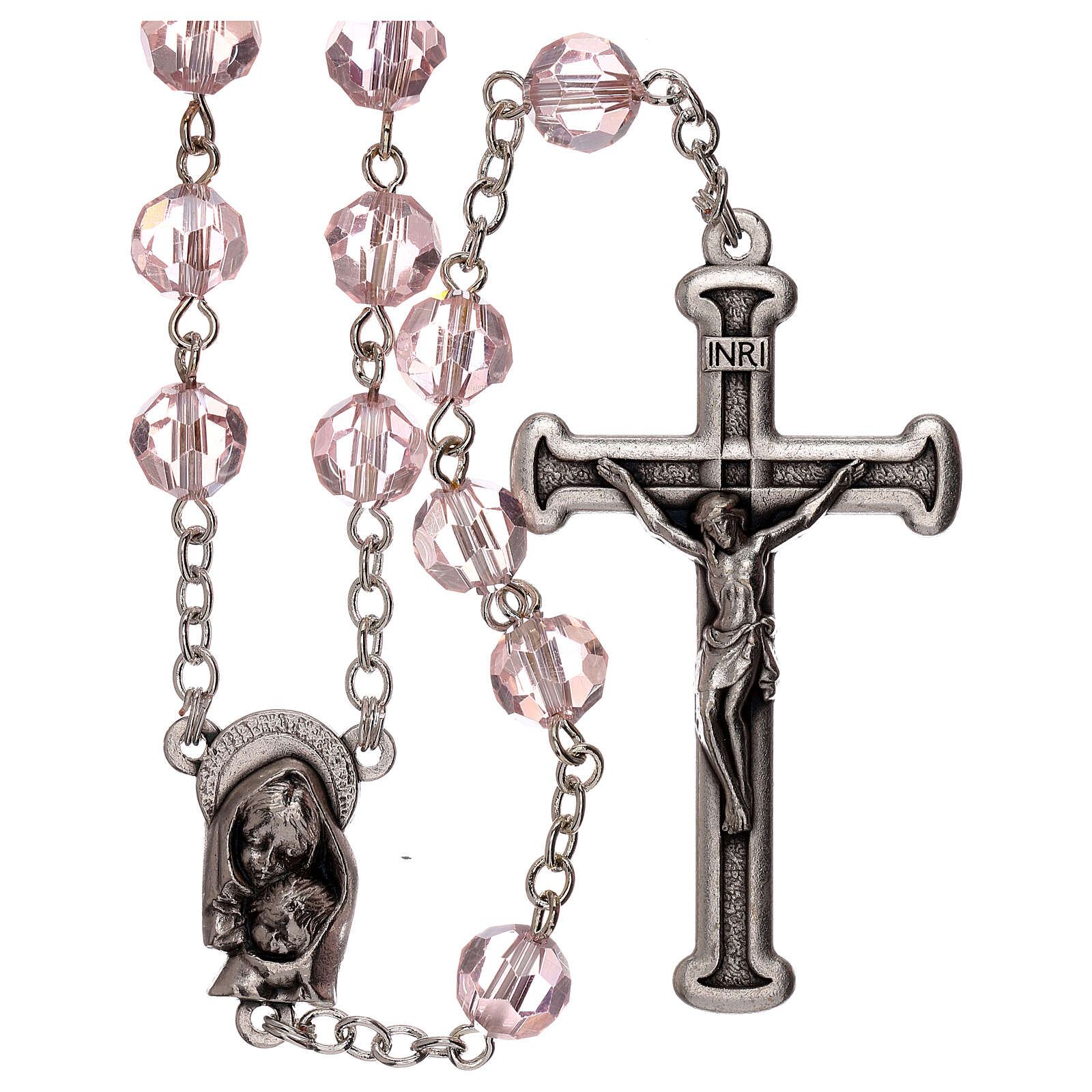Terço cristal cor-de-rosa contas 5 mm Nossa Senhora da Misericórdia 4