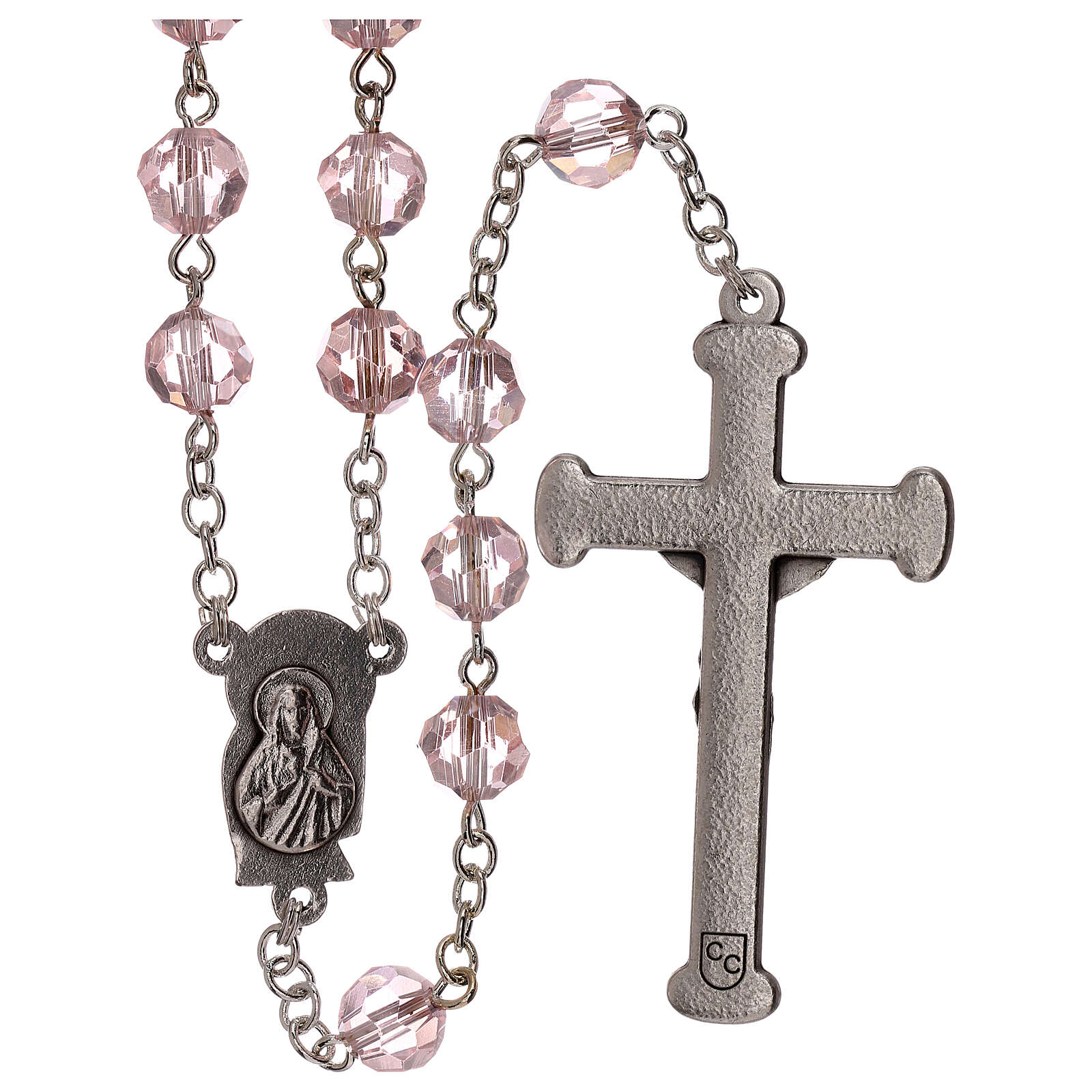 Terço cristal cor-de-rosa contas 5 mm Nossa Senhora da Misericórdia 4