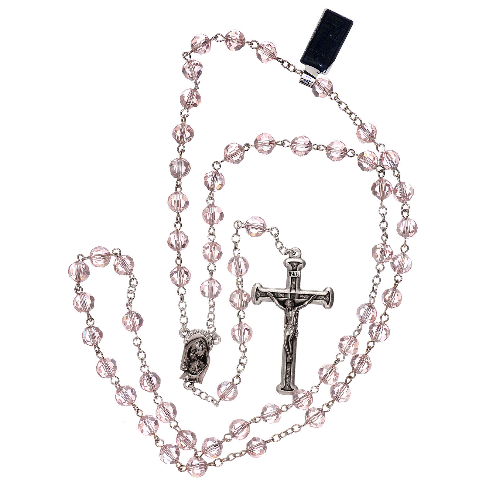 Terço cristal cor-de-rosa contas 5 mm Nossa Senhora da Misericórdia 4