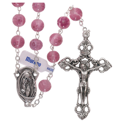 Pink Murano glass style rosary beads with floral decorations, 8mm 1