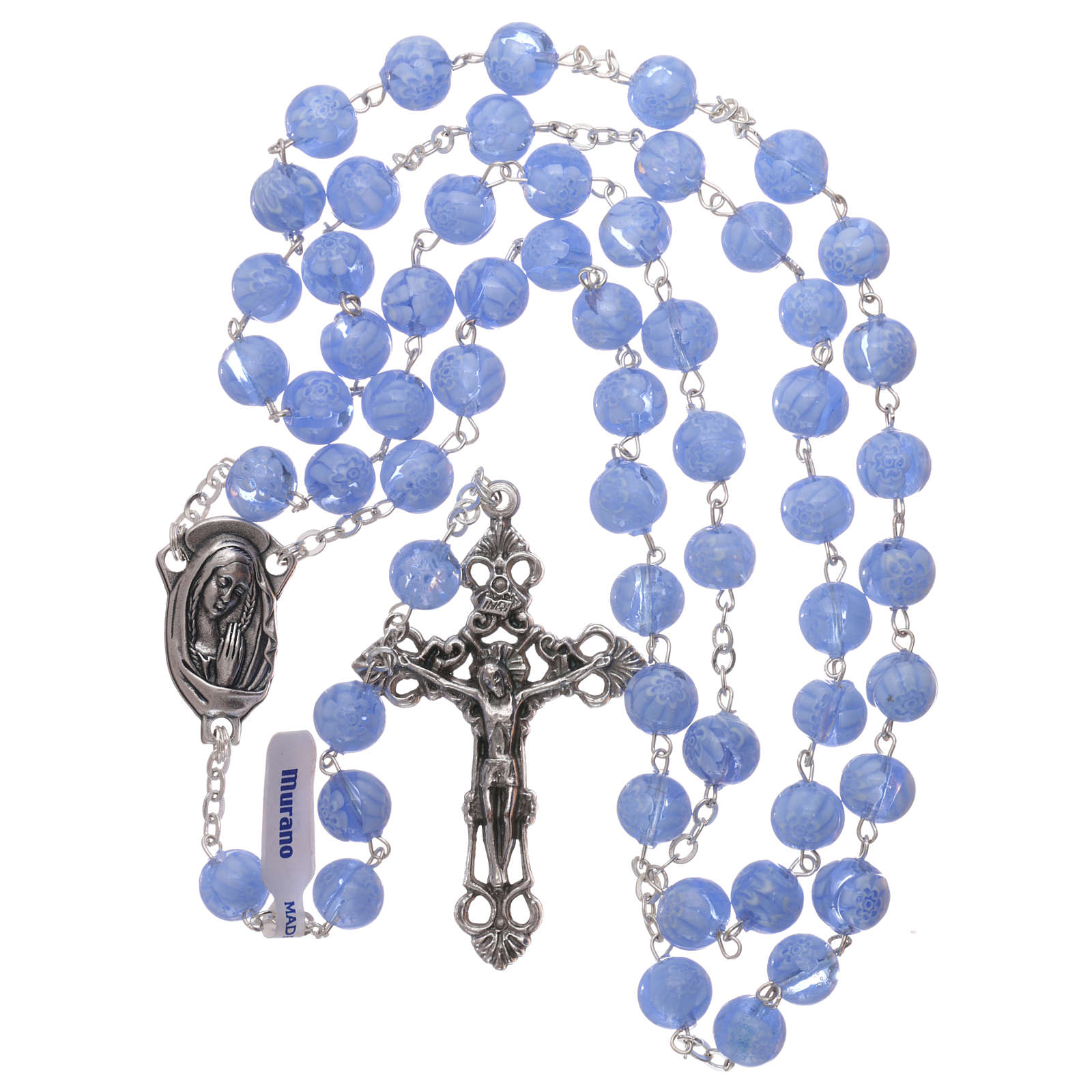 Light blue Murano glass style rosary beads with floral online sales
